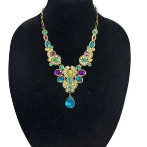 Jewel Tone Statement Bib Necklace Gold Tone Teardrop Pendant Multicolor